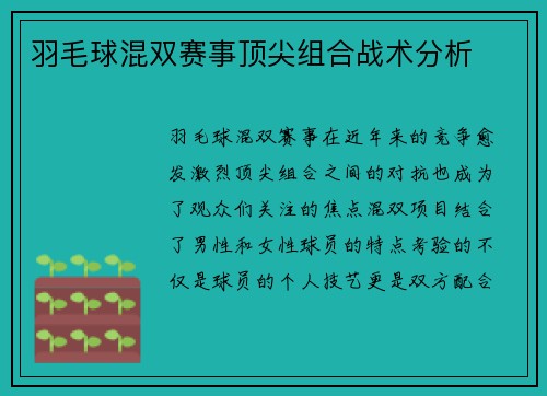 羽毛球混双赛事顶尖组合战术分析